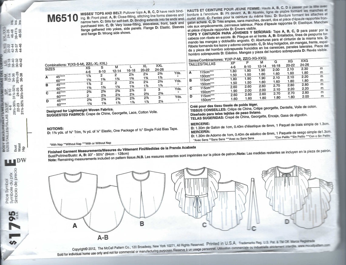 Uncut Mccalls Sewing Pattern Misses, Pullover Tops & Belt, Pattern 6510 ...