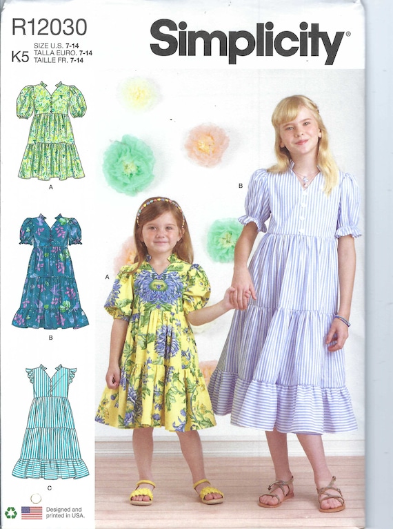 Patron simple couture 9900 12030 robe fille taille 3-6 7-14 FF