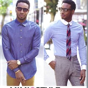 May include: A sewing pattern for a men's shirt with a collar and long sleeves. The pattern is from Simplicity and is called "Mimi G Style". The pattern number is 8427 AA. The pattern is designed and printed in the USA. The pattern includes instructions for sewing the shirt and a link to a YouTube video for help.