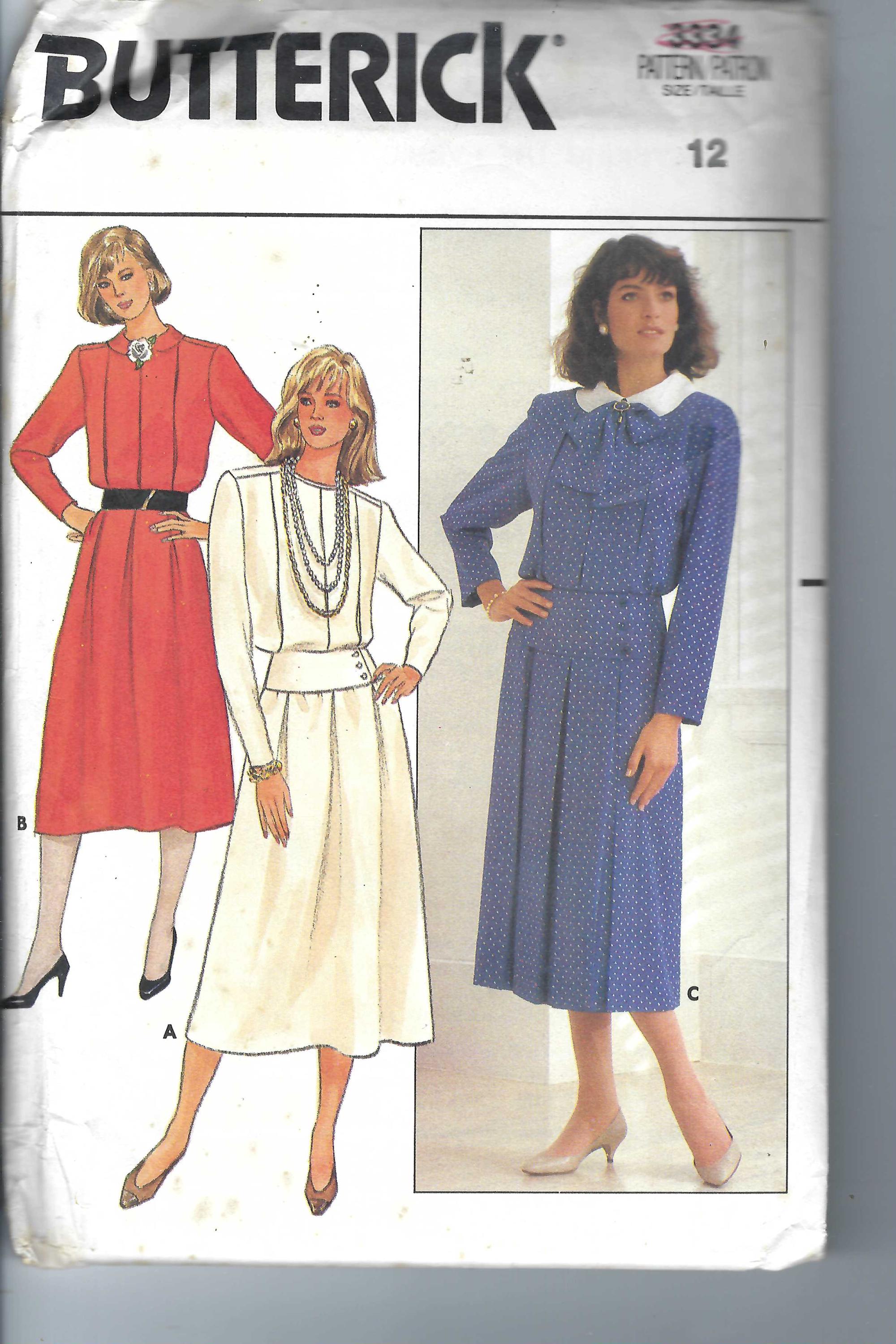 uncut vintage butterick sewing Pattern Size 12 Butterick 3334, DRESS  Pleated Skirt, Blouson Blouse, Long Sleeves, Belt  FF