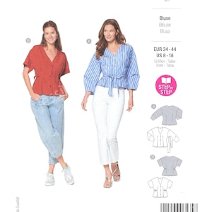May include: A sewing pattern for a blouse with two different styles. The pattern is for sizes EUR 34-44 and US 8-18. The pattern includes instructions for sewing the blouse with seam and hem allowances. The pattern is from Burda Style.