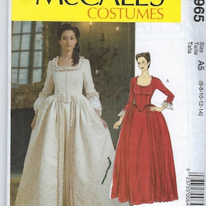 May include: A sewing pattern for a historical costume. The pattern includes two different styles of dresses, one in white and one in red. The pattern is for sizes 6-8-10-12-14. The pattern is from McCall's Costumes.