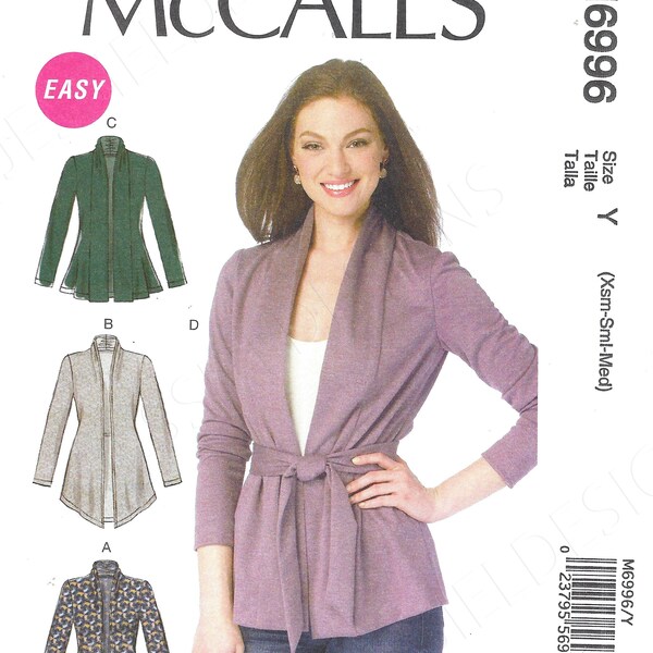 Uncut McCall's 裁縫パターン 6996 Y ミセス用ギャザーカラージャケットとベルト サイズ XS-S、M、L、XL、XXL FF