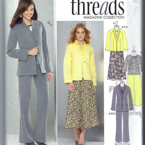 May include: Simplicity sewing pattern 1944, featuring a gray suit and a yellow jacket with a floral skirt. The pattern includes sizes K5 8, 10, 12, 14, and 16. The magazine collection is called "threads".