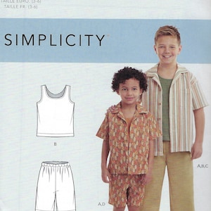 May include: A sewing pattern for boys' clothing, featuring a tank top, shorts, and a button-down shirt with a patterned design. The pattern is from Simplicity and is for sizes 3-6.