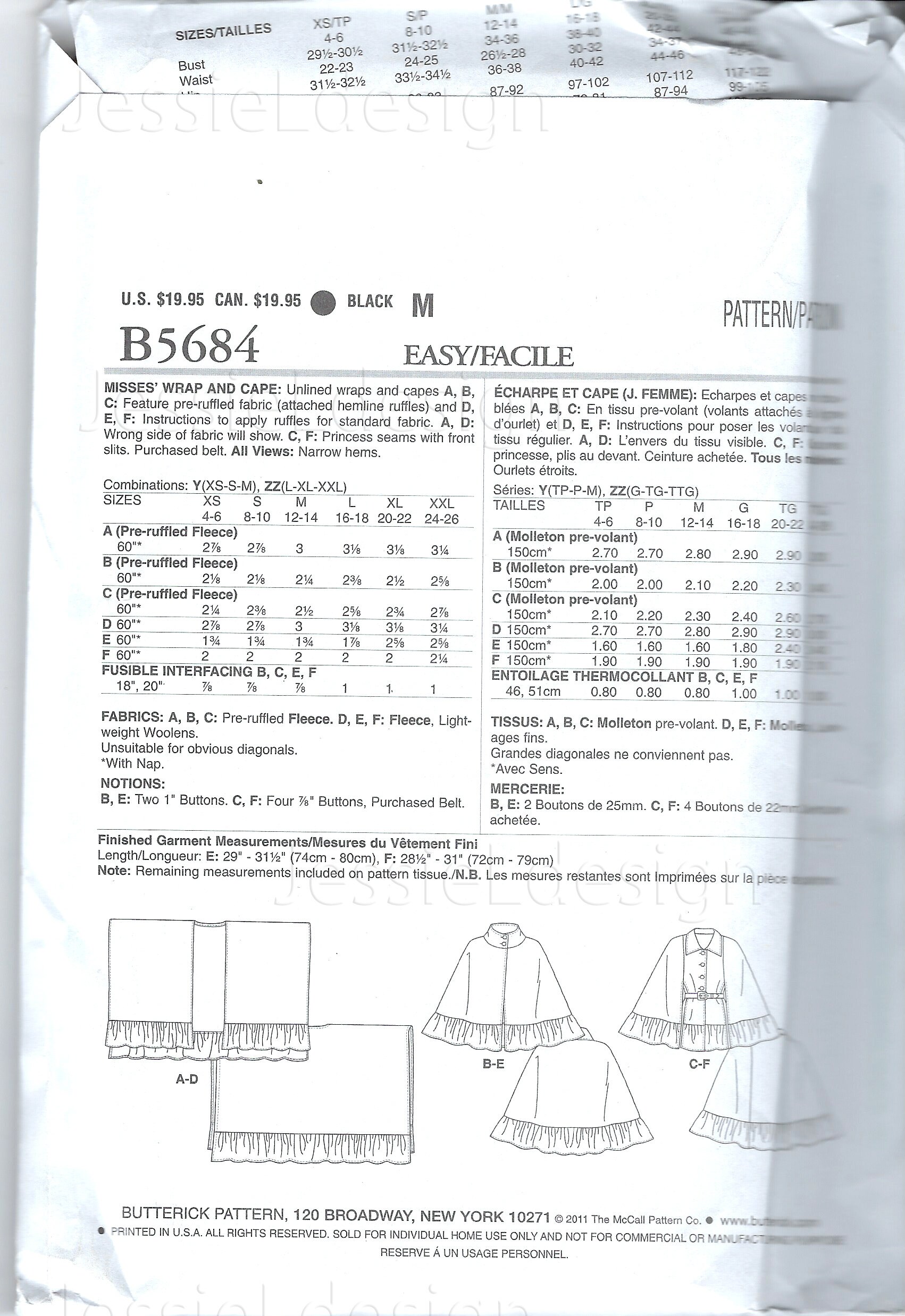 Uncut Butterick Sewing Pattern 5684 Misses Wrap and Cape Size Xs-s-m L ...