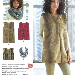 May include: Simplicity pattern 8219 features faux fur vests and a cowl scarf. The pattern includes multiple views of the vest, with variations in style and closure. The image also shows the pattern's model wearing a faux fur vest.