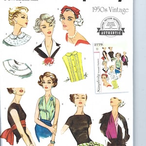 May include: Simplicity sewing pattern for 1950s vintage clothing. The pattern includes five different styles of tops, including a sleeveless top with a bow, a collared top, and a top with a scarf. The pattern is labeled "Authentic Vintage Pattern Reproduction" and includes additional size options and cutting layouts.