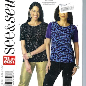Op de afbeelding: Een See & Sew B6157 naaipatroon-envelop met twee topontwerpen. De ene top is een zwart kanten shirt met korte mouwen en een gouden broek. De andere is een shirt met korte mouwen met een blauw en paars geometrisch patroon en zwarte broek.