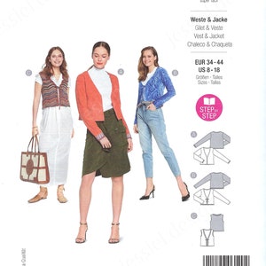 Könnte beinhalten: Ein Schnittmuster für einen Cardigan, eine Weste und eine Jacke. Das Schnittmuster enthält Anleitungen für die Größen 34-44 EUR und 8-18 US. Das Schnittmuster ist mit "burda easy" gekennzeichnet und enthält den Text "Alle Schnittmuster mit Naht- und Saumzugabe. Avec surplus de couture et d'ourlet. Con margenes para costura y dobladillos."