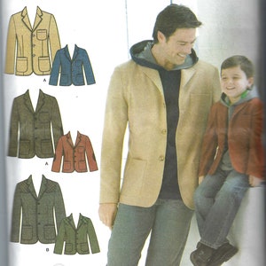 May include: Simplicity sewing pattern 3708 for a blazer in sizes S-L and S-XL. The package features illustrations of blazers with patch pockets and lapels, alongside photographs of two individuals wearing tan and rust-colored blazers.