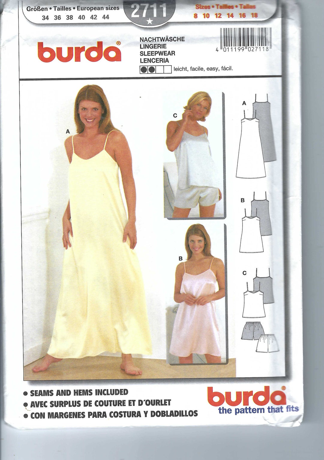 Uncut Burda Sewing Pattern 2711 Lingerie Nightclothes Teddy Misses Size ...