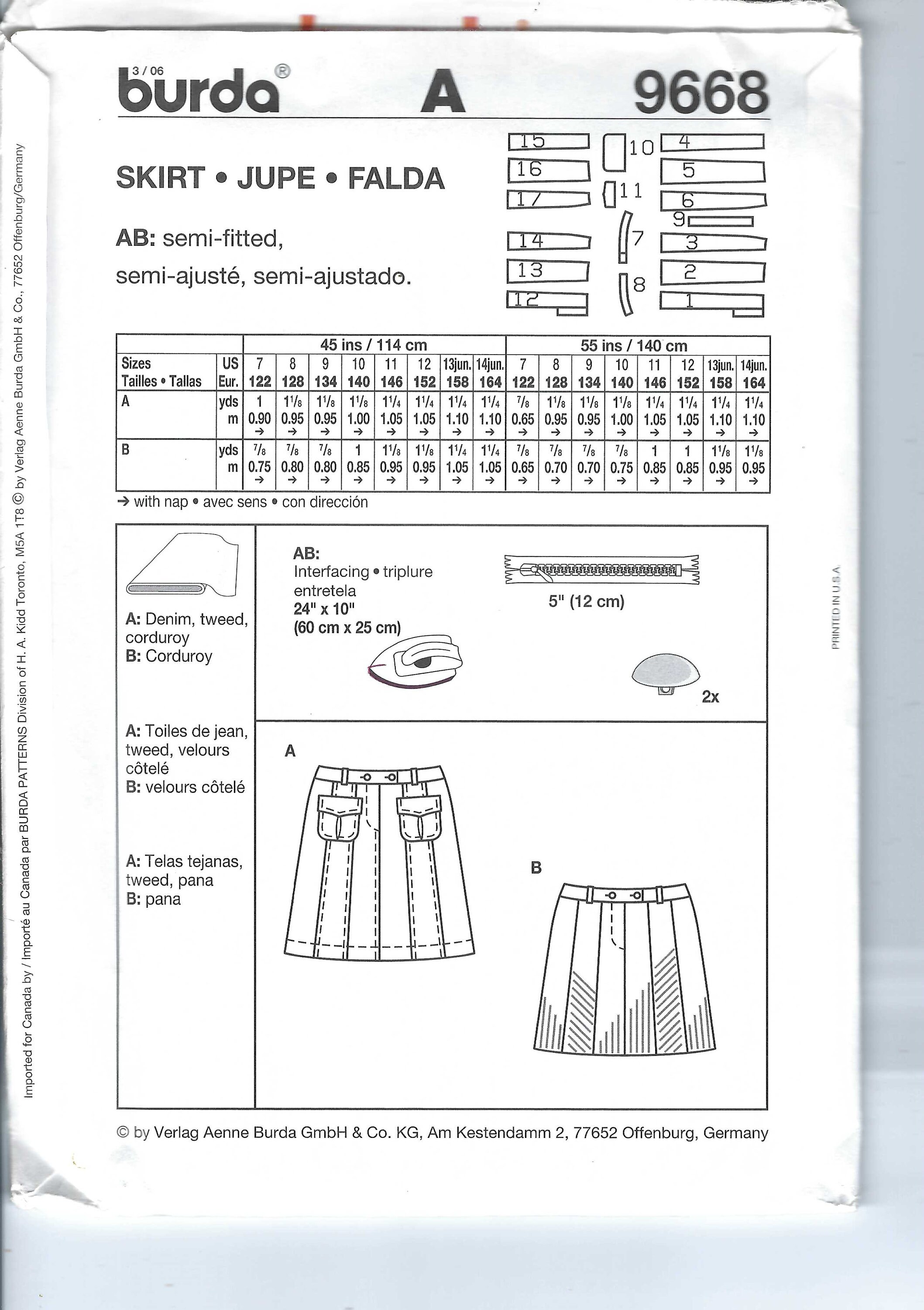 Patterns 9668 Uncut Burda Sewing Pattern 9668 Girls Juniors Skirts 7-8-9-10-11-12 FF ...