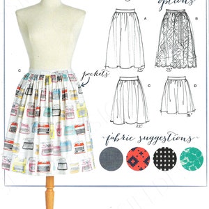 May include: A sewing pattern for a skirt with four different styles. The pattern includes fabric suggestions and a skill level rating of easy. The pattern number is 8211.
