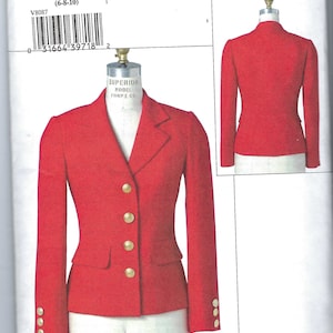 May include: A red blazer pattern with gold buttons and a classic tailored design. The pattern is labeled V8087 from Claire Shaeffer's Custom Couture Collection. Includes a back view of the blazer. Size A (6-8-10).