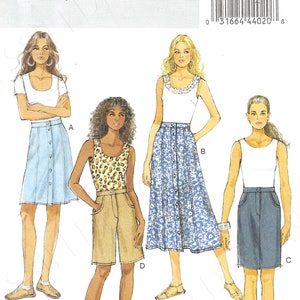 May include: A sewing pattern for a skirt with four different styles. The pattern is for sizes 16-18-20-22. The pattern is called Butterick B5649.
