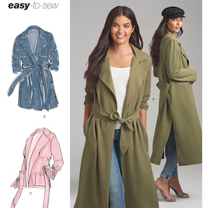 May include: A sewing pattern for a long, belted trench coat with a collar. The pattern is for sizes 6-14 and is labeled "easy-to-sew". The pattern is from Simplicity and is for a women's coat.
