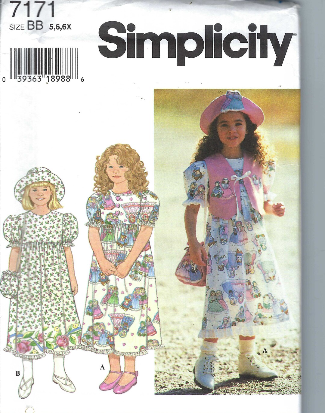 Uncut Vintage Simplicity Sewing Pattern 7171 Girls' Dress, Hat, Vest ...