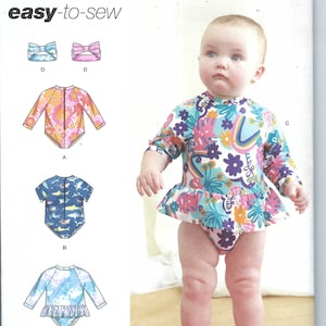 Puede incluir: Patrón de costura Simplicity R11796, fácil de coser, para un traje de baño de bebé con mangas largas y un volante. El patrón incluye tres estilos diferentes: un estampado floral, un estampado de tiburón y un estampado tie-dye azul y blanco. El patrón también incluye una diadema.