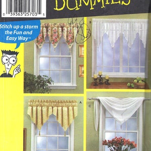 May include: A sewing pattern for window treatments from Simplicity for Dummies. The pattern includes three different styles: a scalloped valance, a swag valance, and a gathered valance. The pattern is for one size and includes instructions for making the valances.