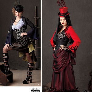 May include: Two women wearing steampunk-inspired outfits. The woman on the left is wearing a black jacket with a purple and blue trim, a black corset, a brown skirt with a green and gold trim, and black boots. The woman on the right is wearing a red jacket with black trim, a black corset, a burgundy skirt with a black ruffle, and black shoes. Both women are wearing hats with feathers.