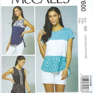 May include: A sewing pattern for three different tops. The tops are sleeveless, short-sleeved, and sleeveless with a contrasting panel. The pattern is for sizes RR (18W-20W-22W-24W).