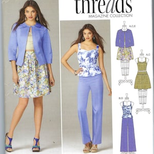 May include: A sewing pattern for a women's top and pants. The pattern includes a blue top with a white and blue pattern, a blue jacket, and a pair of blue pants. The pattern is from Simplicity Threads Magazine Collection and is size 12-20.