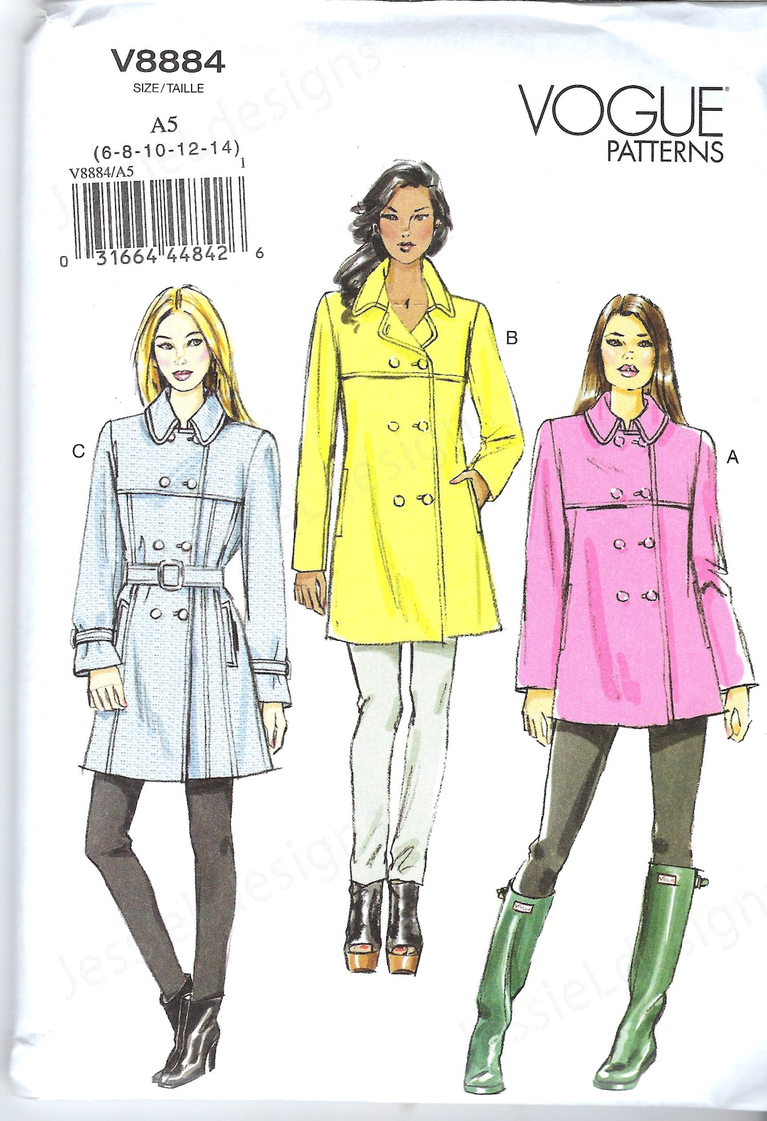 Uncut Vogue Sewing Pattern 8884 Coat, Double Breasted W Belt, Yoke, Two ...
