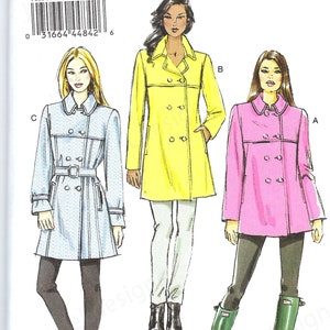 May include: A sewing pattern for a double-breasted trench coat. The pattern includes three different views: a yellow coat, a pink coat, and a light blue coat. The pattern is for sizes 6-8-10-12-14. The pattern number is V8884.