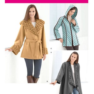 May include: Simplicity sewing pattern number 2208 for three different styles of jackets. The first jacket is a tan wrap jacket with a braided collar and cuffs. The second jacket is a light blue hooded jacket with brown polka dots and brown trim. The third jacket is a gray wrap jacket with a black floral trim.