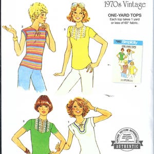 May include: Simplicity sewing pattern S9965 for 1970s vintage one-yard tops. The pattern includes illustrations of four different top designs. The pattern is designed and printed in the USA.