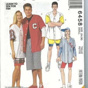 May include: A McCall's sewing pattern envelope featuring illustrations of baseball-themed outfits. The cover includes the text "Easy McCall's" and "Learn to Sew for Fun." The pattern number is 6458, with size information. The illustrations depict various baseball-inspired shirts and shorts.