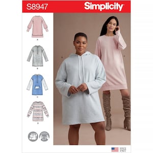 May include: Sewing pattern Simplicity S8947 for a hooded sweatshirt dress with long sleeves. The pattern includes four different styles: a grey hooded sweatshirt dress, a pink sweatshirt dress, a grey sweatshirt dress with a zipper, and a blue sweatshirt dress with a pocket.