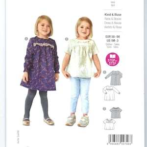 Può includere: Un cartamodello per un vestito e una blusa per bambini. Il cartamodello è per le taglie 1M-3 e include le istruzioni per realizzare sia un vestito a maniche lunghe che una blusa a maniche corte. Il cartamodello è etichettato "burda kids" e ha una guida passo passo.