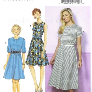 May include: A sewing pattern for a dress with three different styles. The pattern is for sizes 14-16-18-20-22. The pattern is from Butterick and the pattern number is B6450.