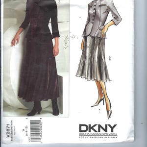 May include: DKNY Vogue American Designer sewing pattern V2871. The pattern features two designs: a long-sleeved jacket and a long skirt, and a short-sleeved jacket and a midi skirt. The pattern includes sizes 6-8-10.