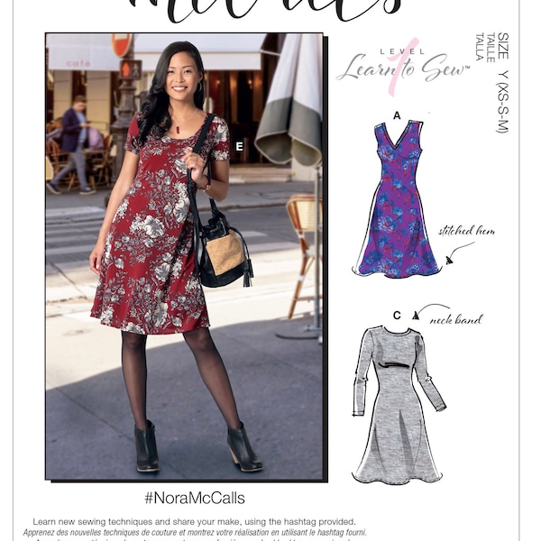 May include: A sewing pattern for a dress with a floral print. The pattern is from McCall's Learn to Sew line and is for sizes XS-S-M. The pattern includes instructions for a stitched hem and a neck band.