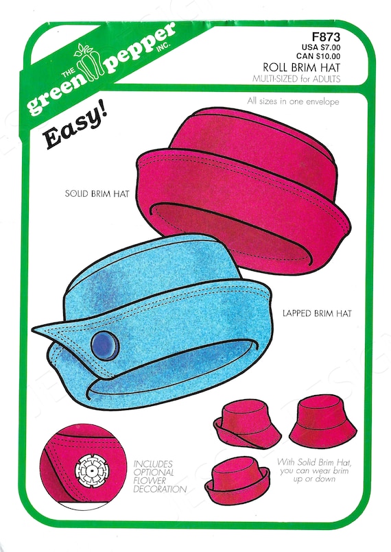 Uncut green pepper Sewing Pattern 873 Easy Roll Brim Hat size Etsy