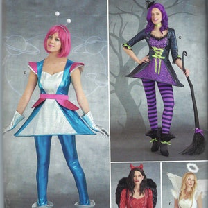 May include: A sewing pattern for four Halloween costumes: an astronaut, a witch, a devil, and an angel. The pattern is from Simplicity and is numbered R11146. The astronaut costume is silver and blue with pink accents. The witch costume is purple with green accents. The devil costume is red with black accents. The angel costume is white with gold accents.