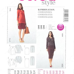 Puede incluir: Patrón de costura Burda Style número 7161 para una combinación de blusa y falda. El patrón incluye las tallas 12-24 US y 19-25 EUR. El patrón es para un estilo Miss Petite y tiene un nivel de dificultad medio. El texto en el patrón dice "Kombination, Coordonnes, Coordinates, Coordinados, All patterns with seam and hem allowances, Avec surplus de couture et d'ourlet, Con margenes para costura y dobladillos."