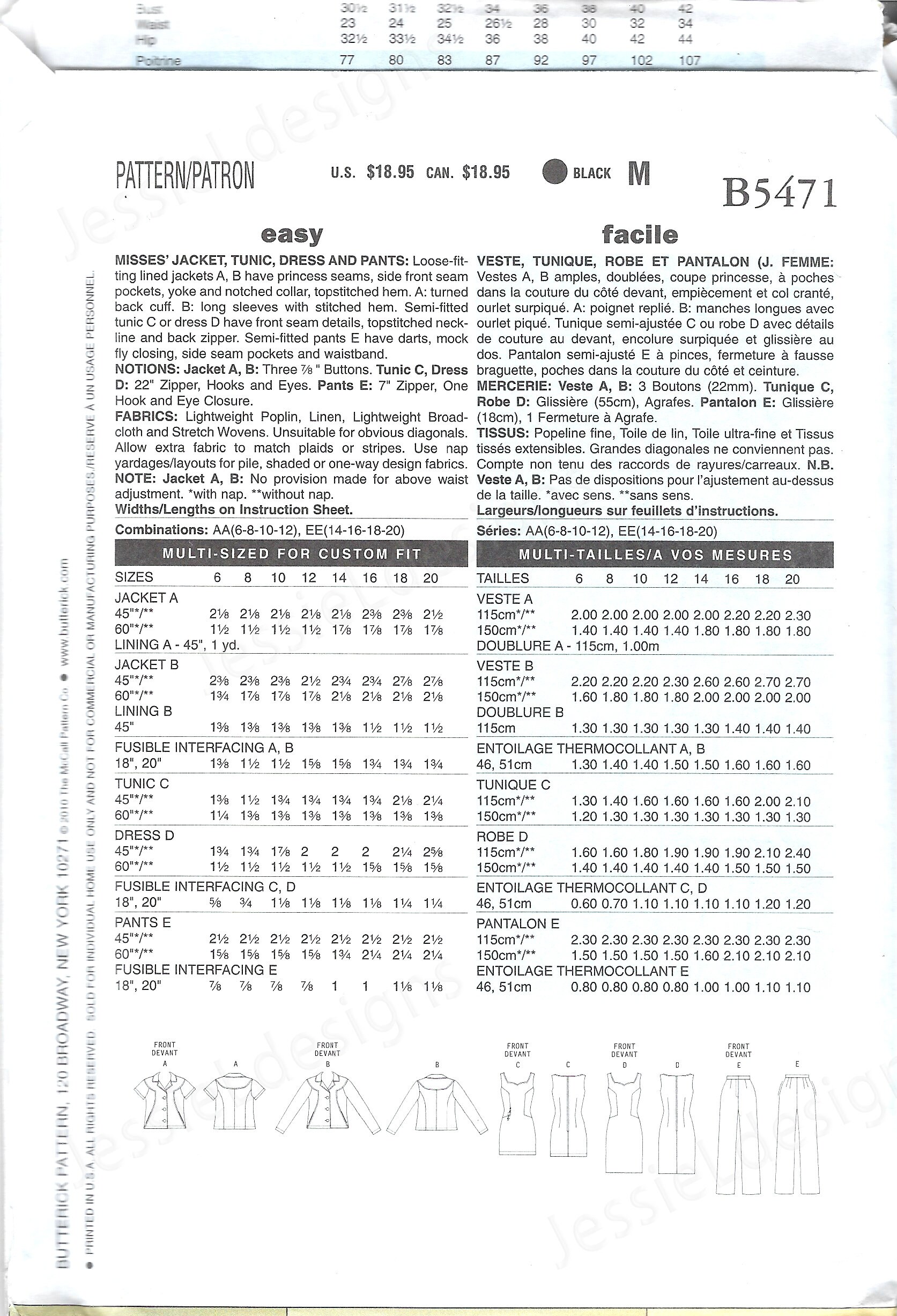 Uncut Butterick Sewing Pattern 5471 | Misses Jacket, Tunic, Dress ...