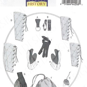 May include: A sewing pattern for making historical clothing, including a pair of gauntlets, a pair of leggings, a pouch, and a bag. The pattern is from Butterick and has the number B5733/OSZ.