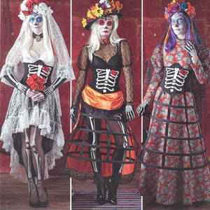 May include: A sewing pattern for three different costumes, featuring a skeleton design and a Day of the Dead theme. The pattern includes a long white dress with lace, a black dress with an orange sash, and a red and black dress with a skull pattern. The pattern is for sizes 14-22, 40-48, and 42-50. The pattern is designed and printed in the USA. Simplicity 8772.