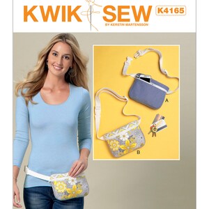 May include: Kwik Sew sewing pattern K4165 for a fanny pack with two different designs. One design is a solid blue fabric with a zippered pocket and the other is a floral print with a zippered pocket. The pattern includes instructions for making the fanny pack.