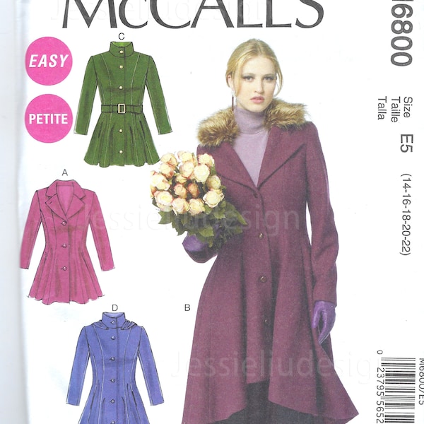 UNCUT Mccalls Sewing Pattern 6800 Misses'/miss Petite Lined Coats, Belt and Detachable Collar & Hood 6-14  14-22  FF