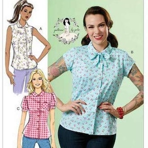May include: A sewing pattern for a blouse with a bow tie collar. The pattern is from Butterick and has the number B6563. The pattern shows three different views of the blouse, one with a floral print, one with a plaid print, and one with a solid color.