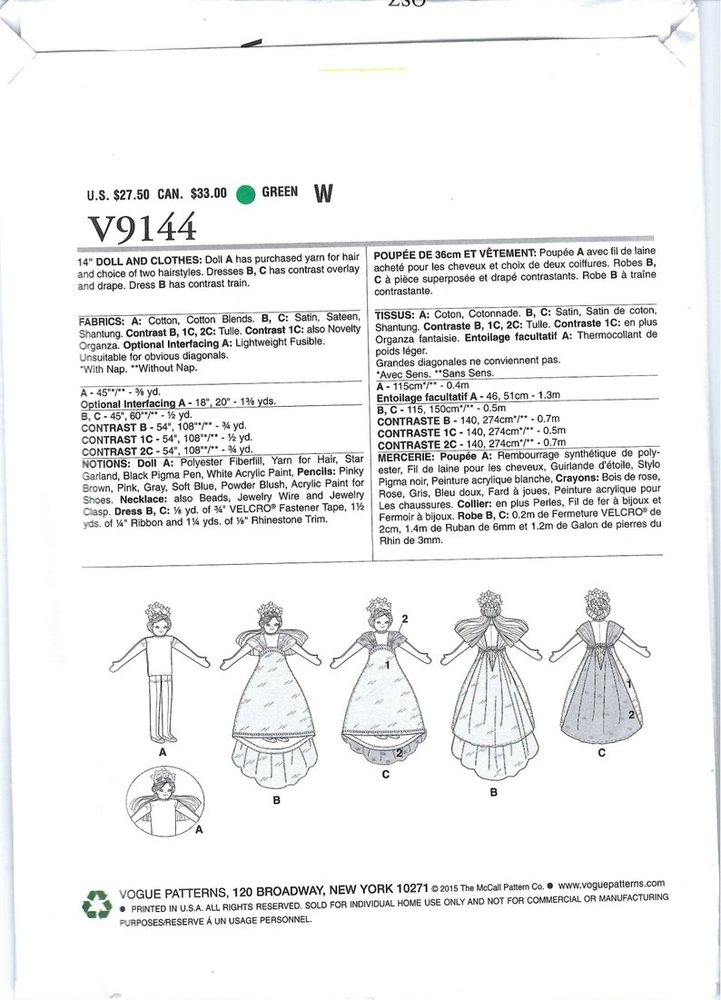 Princess Doll Sewing Pattern Soft Doll  FF 14 Fabric Doll and Clothes Sewing Pattern Uncut vogue sewing pattern 9144