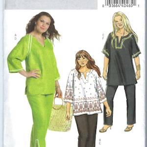 May include: A Butterick sewing pattern, B4753, featuring three different tunic and pants outfits. The outfits include a lime green ensemble, a white top with brown embroidery, and a black tunic with black pants. The pattern includes sizes 18W-24W.
