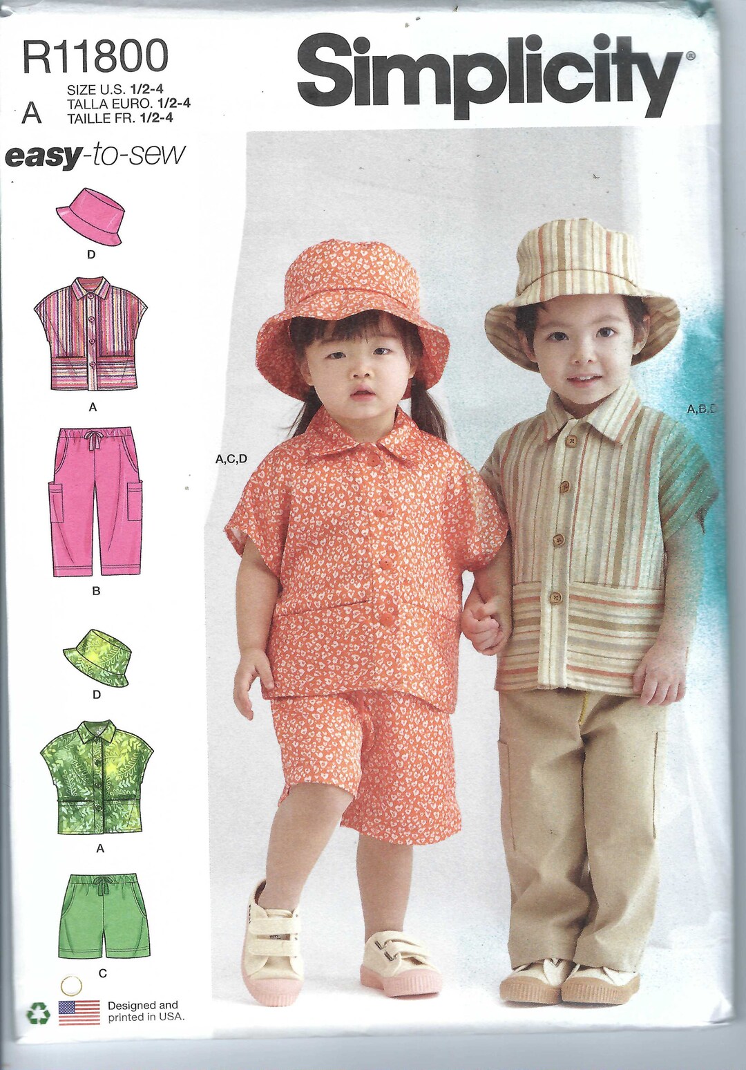 Uncut Simplicity Sewing Pattern Toddlers' Top, Pants, Shorts and Hat in