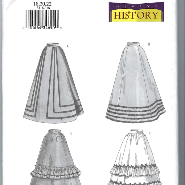 Uncut  Butterick sewing pattern 3418 - Misses' Historical Floor Length Skirts in Four Options Size 12-16 18-20-22 ff